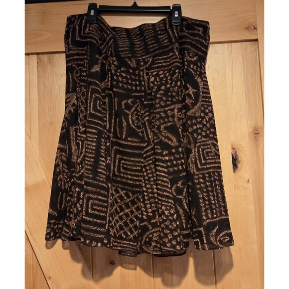 Woman's Brown Print Full Skirt Chaps Size 12 Ethnic Boho Geometric Hieroglyphic - Picture 1 of 11